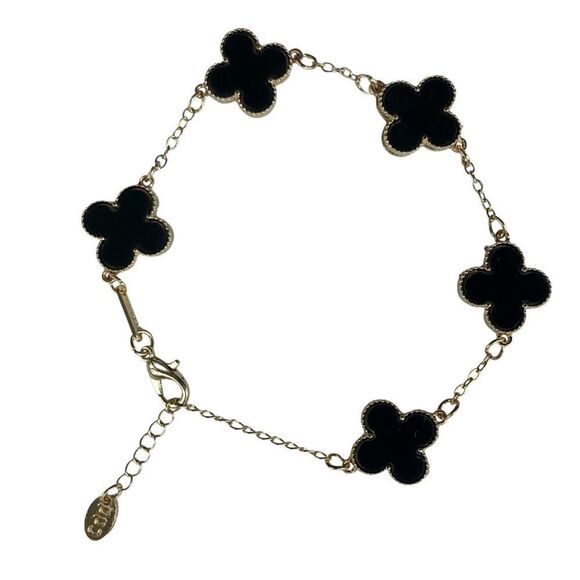 Four Leaf Clover/Black Flower & Gold Bracelet • NWOT - Picture 1 of 9